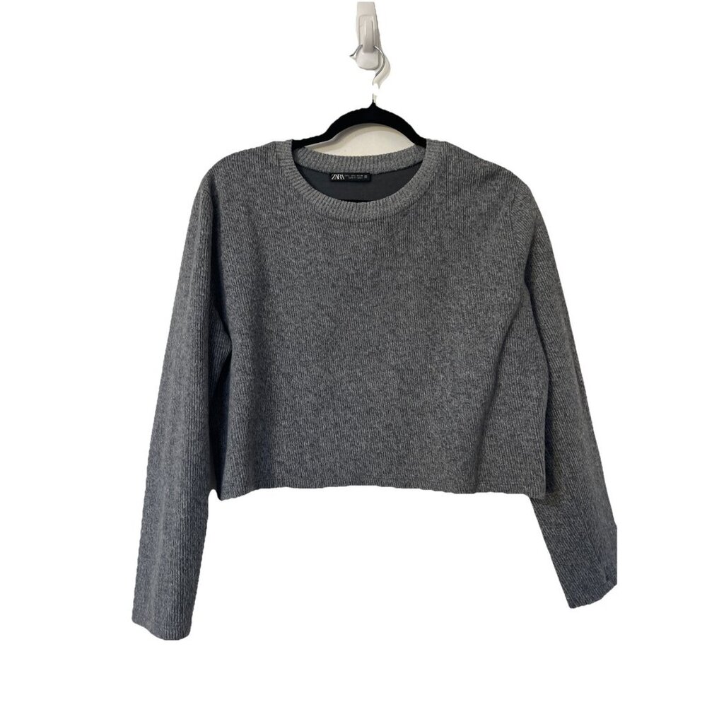 Zara Sweater Women's Large Gray‎ Crop Top Pullover Crew Neck Long Sleeve Stretch